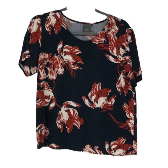 Ichi dark navy blue  red floral print scoop neck t-shirt Med - Picture 1 of 14